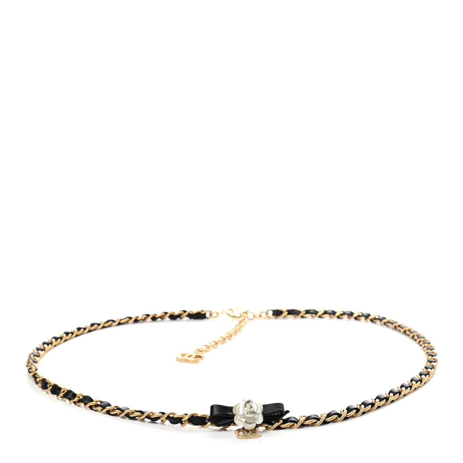 Chanel Calfskin Crystal Chain Camellia Belt 90 Black Gold 1 of 4