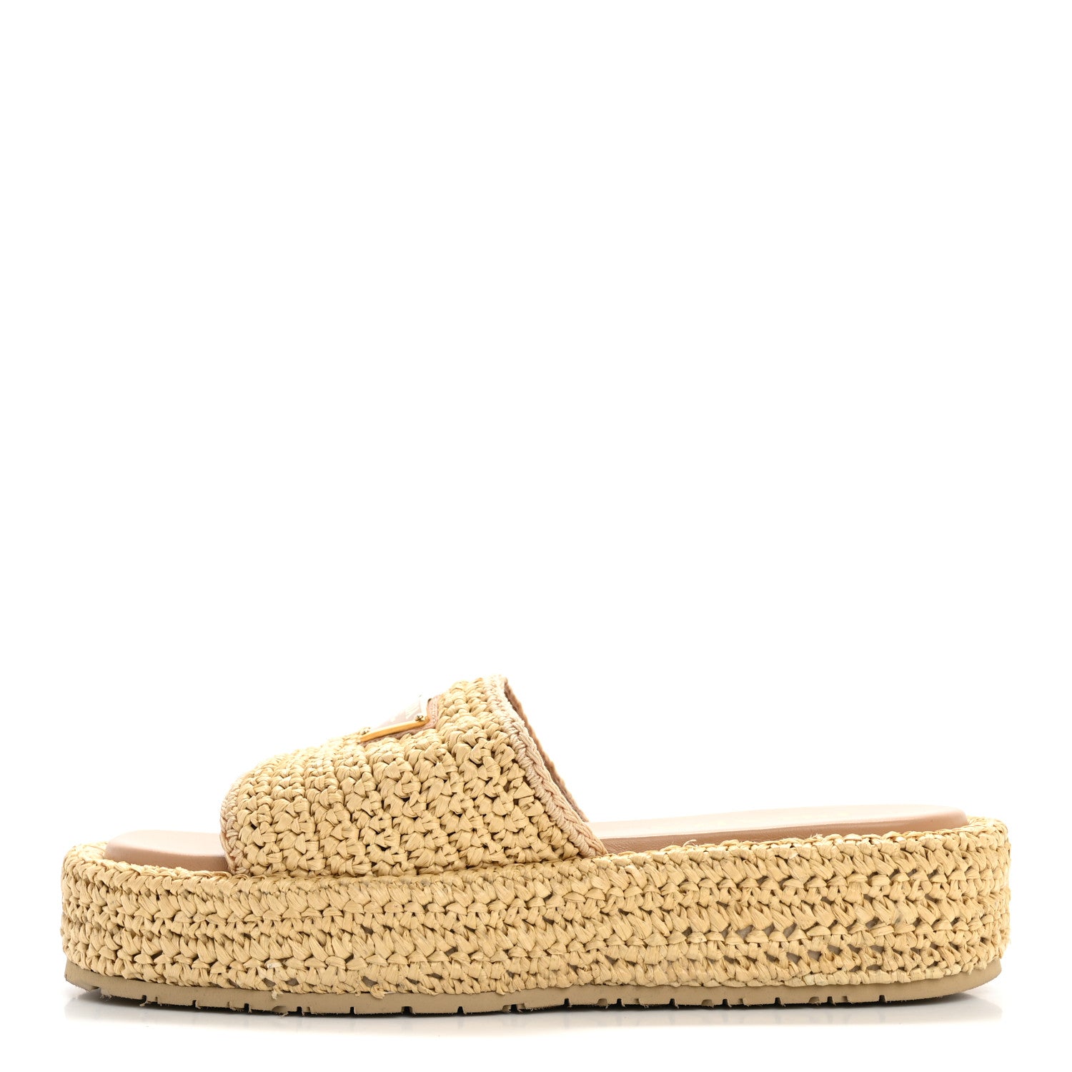 Prada Raffia Metal Triangle Logo Woven Flatform 35mm Slide Sandals 39 Naturale 2 of 17