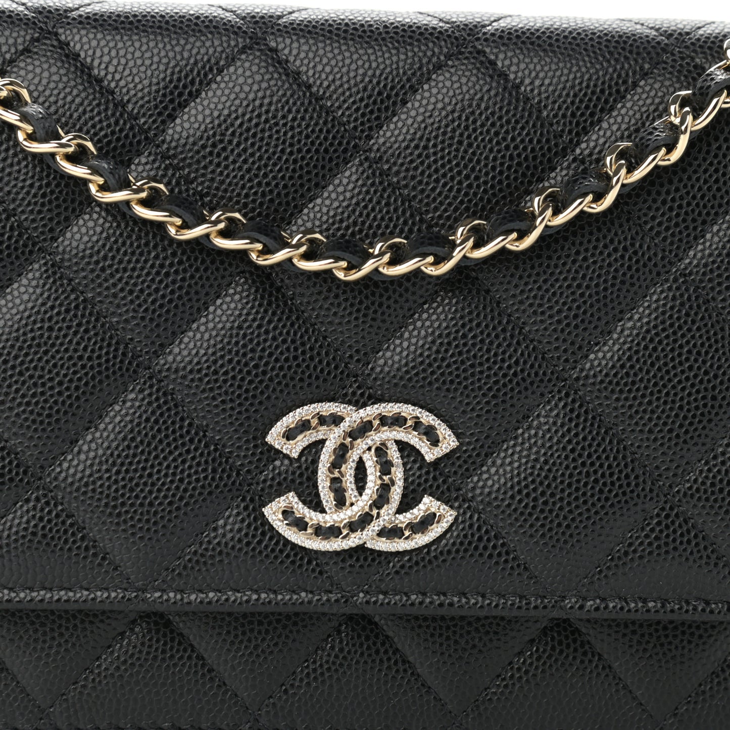 Caviar Quilted Crystal CC Wallet On Chain WOC Black