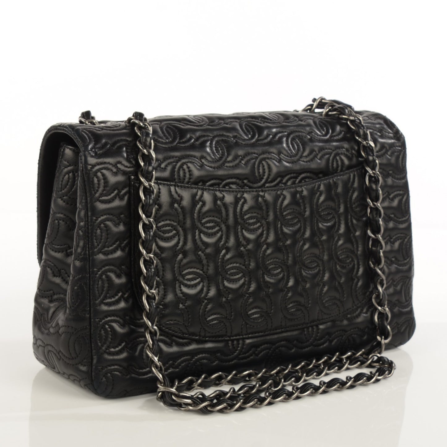 Lambskin Embroidered Jumbo CC Follies Flap Black