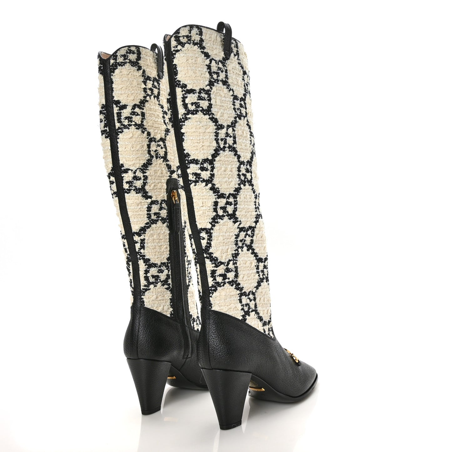 Tweed GG Monogram Wrinkled Kid Zumi Knee Boots 36 Natural Black
