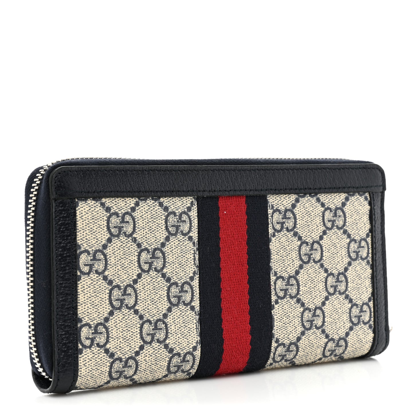 GG Supreme Monogram Textured Dollar Calfskin Web Ophidia Zip Around Wallet Beige Blue