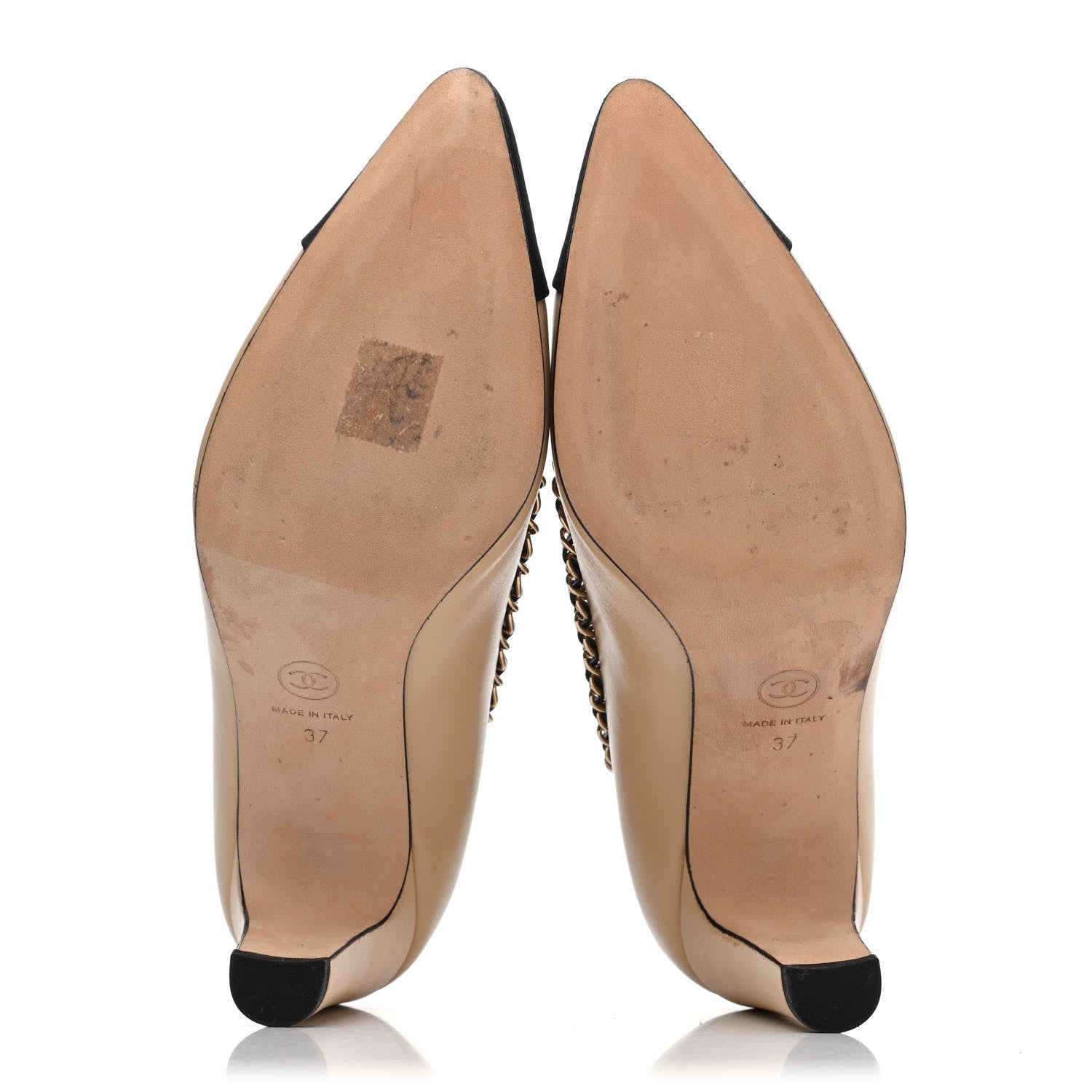 Chanel Lambskin Grosgrain Chain Cap Toe Pumps 37 Beige Black 4 of 4
