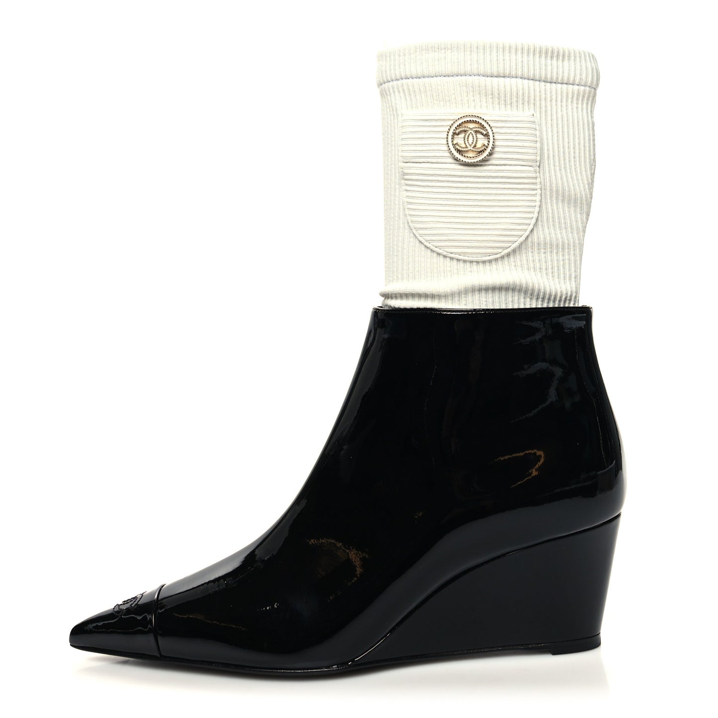 Patent Knit Wedge Ankle Boots 38.5 Black White