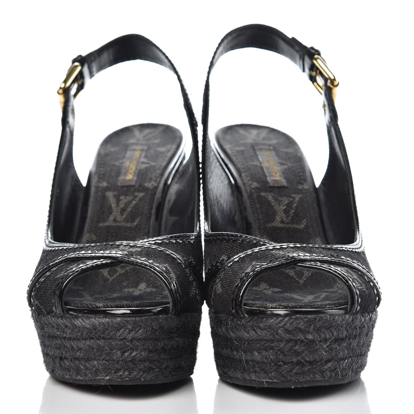 Denim Patent Espadrille Wedges 38 Black