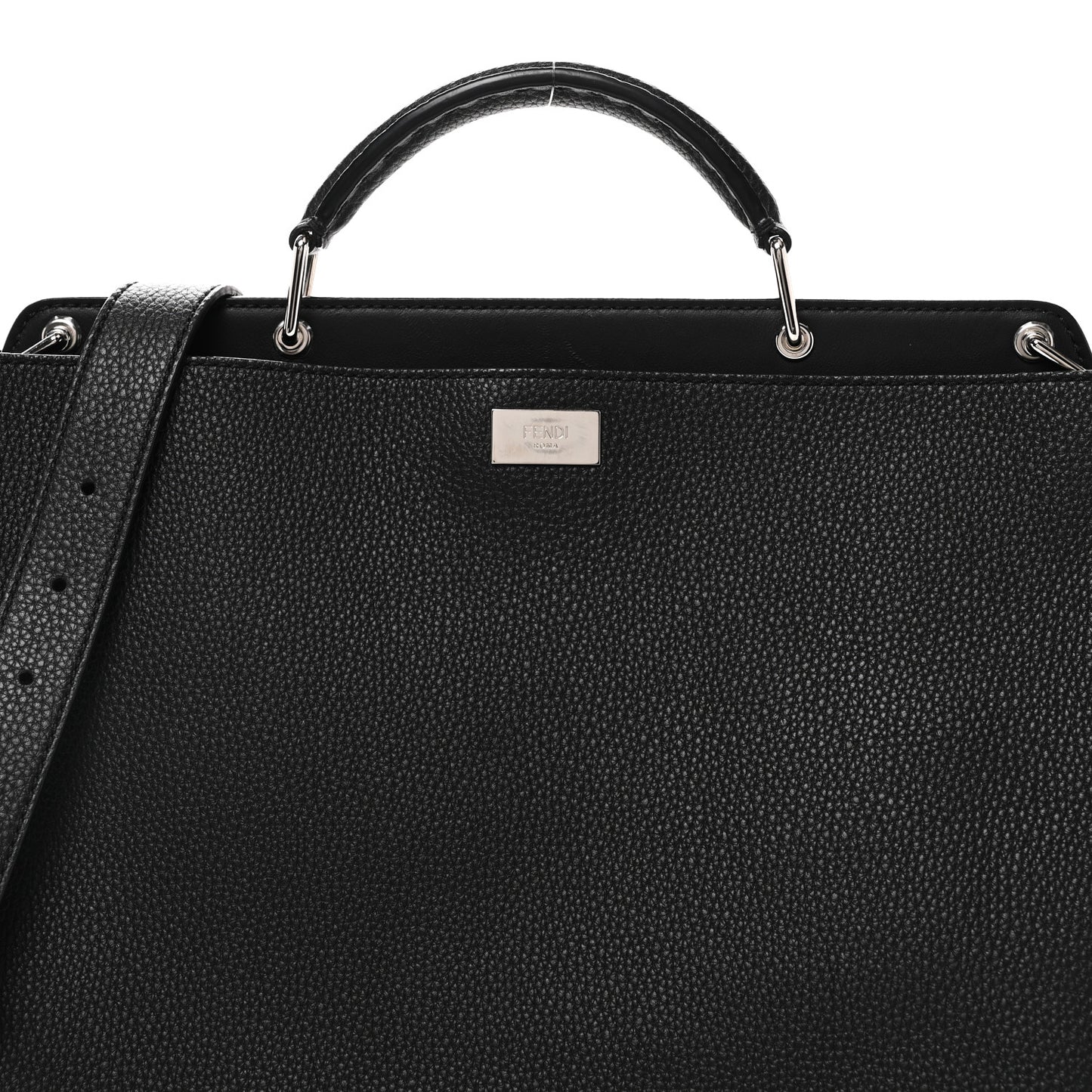 Cuoio Romano Selleria Vitello Grace Glazed Fabric FF 1974 Large Peekaboo Iconic Essential Satchel Black