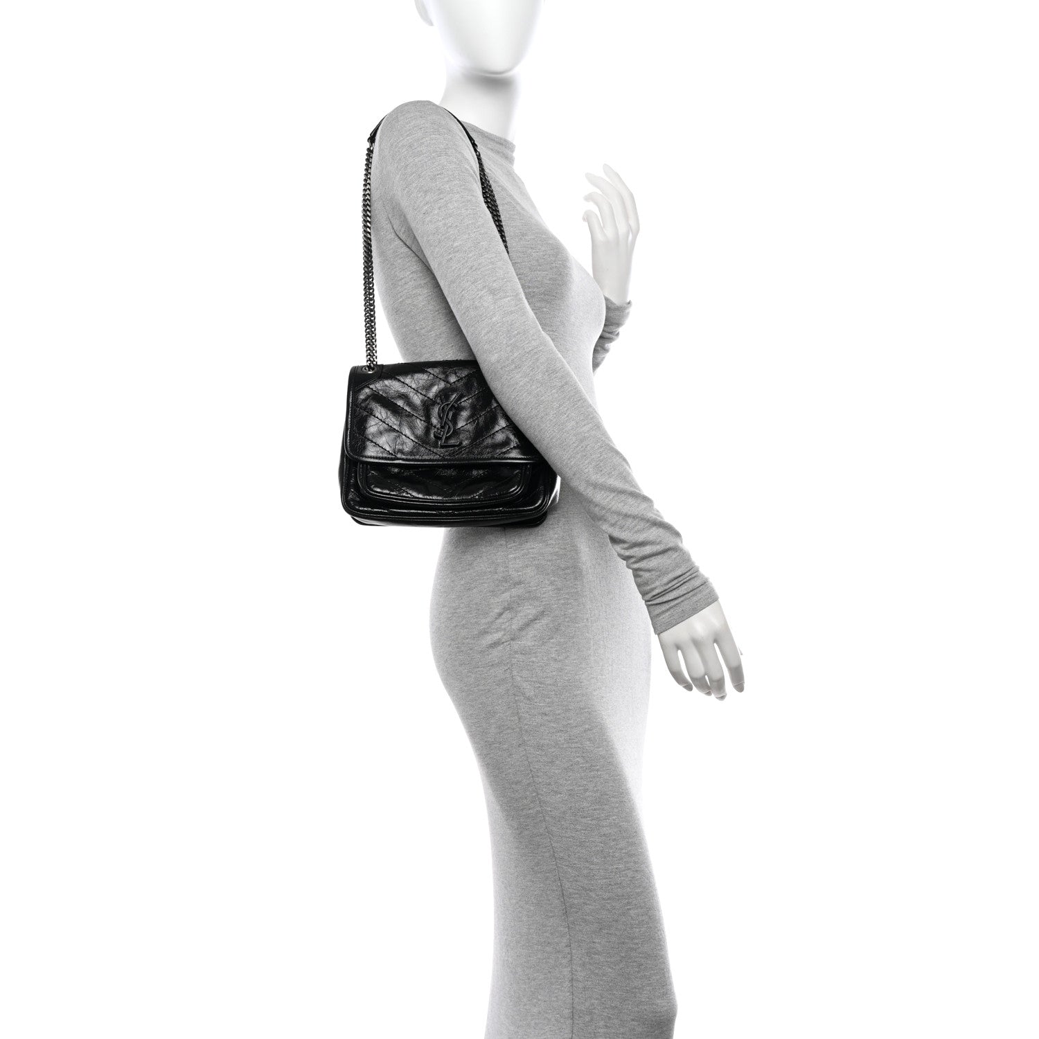 Saint Laurent Crinkled Calfskin Matelasse Monogram Baby Niki Chain Satchel Black 2 of 12
