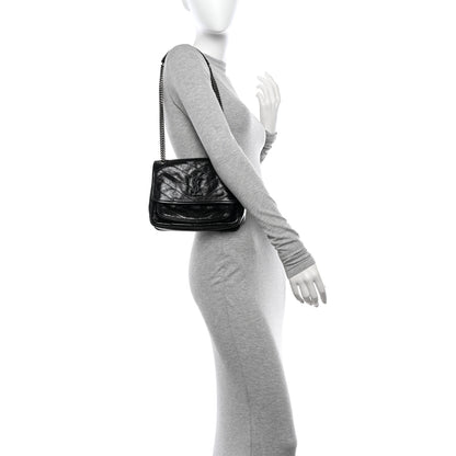 Saint Laurent Crinkled Calfskin Matelasse Monogram Baby Niki Chain Satchel Black 2 of 12
