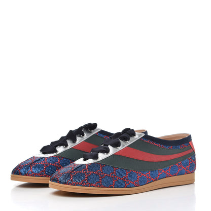 Gucci Lurex Calfskin Web GG Monogram Mens Falacer Sneakers 9 Iridescent Blue Iridescent Red Silver 3 of 9