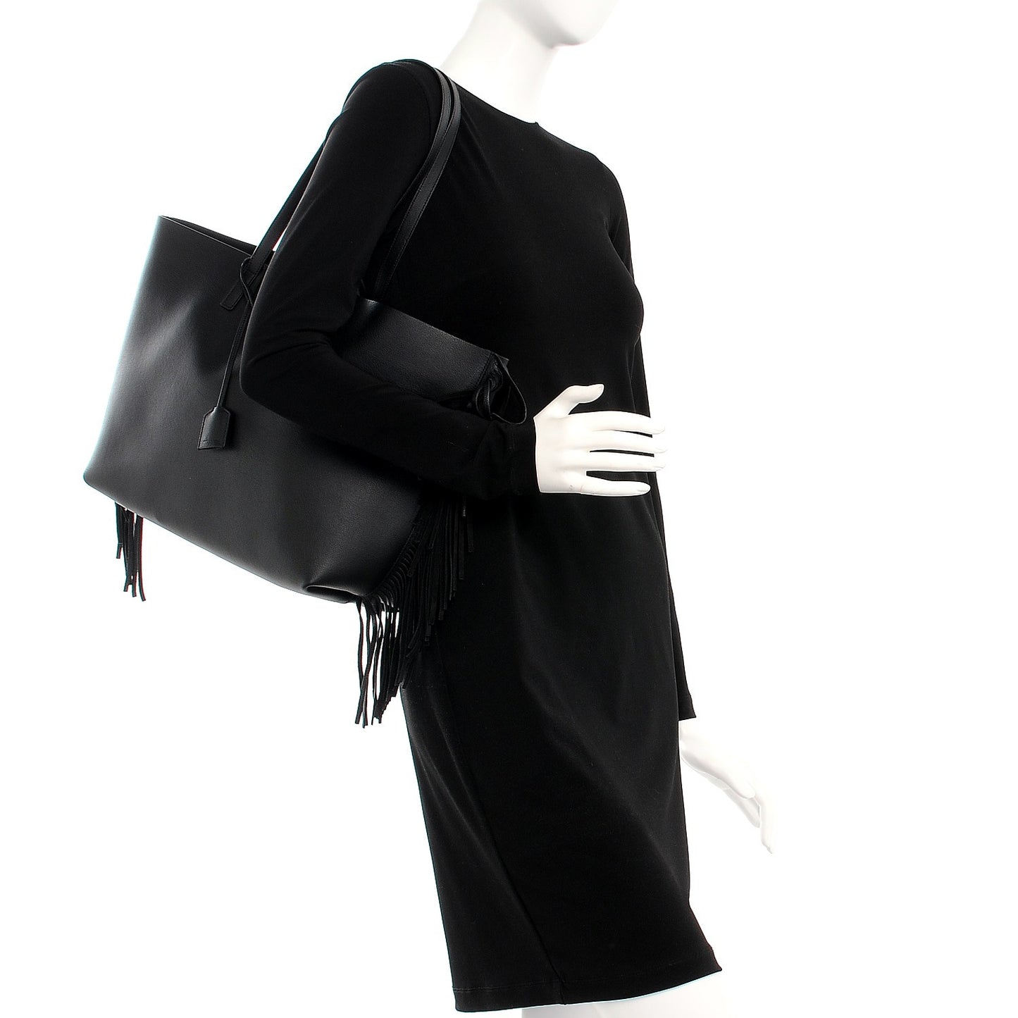 Calfskin Large Fringe Shopping Tote Black