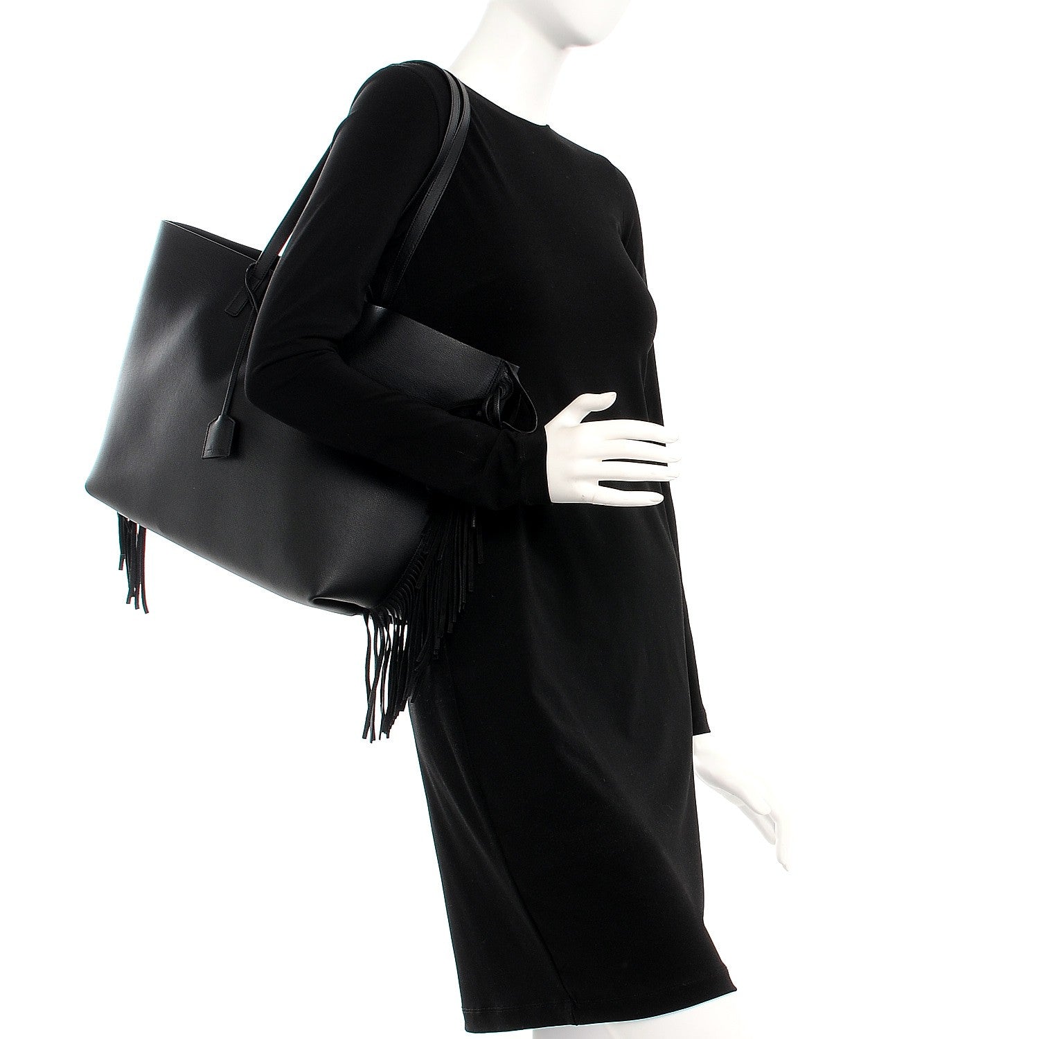Saint Laurent Calfskin Large Fringe Shopping Tote Black 2 of 9