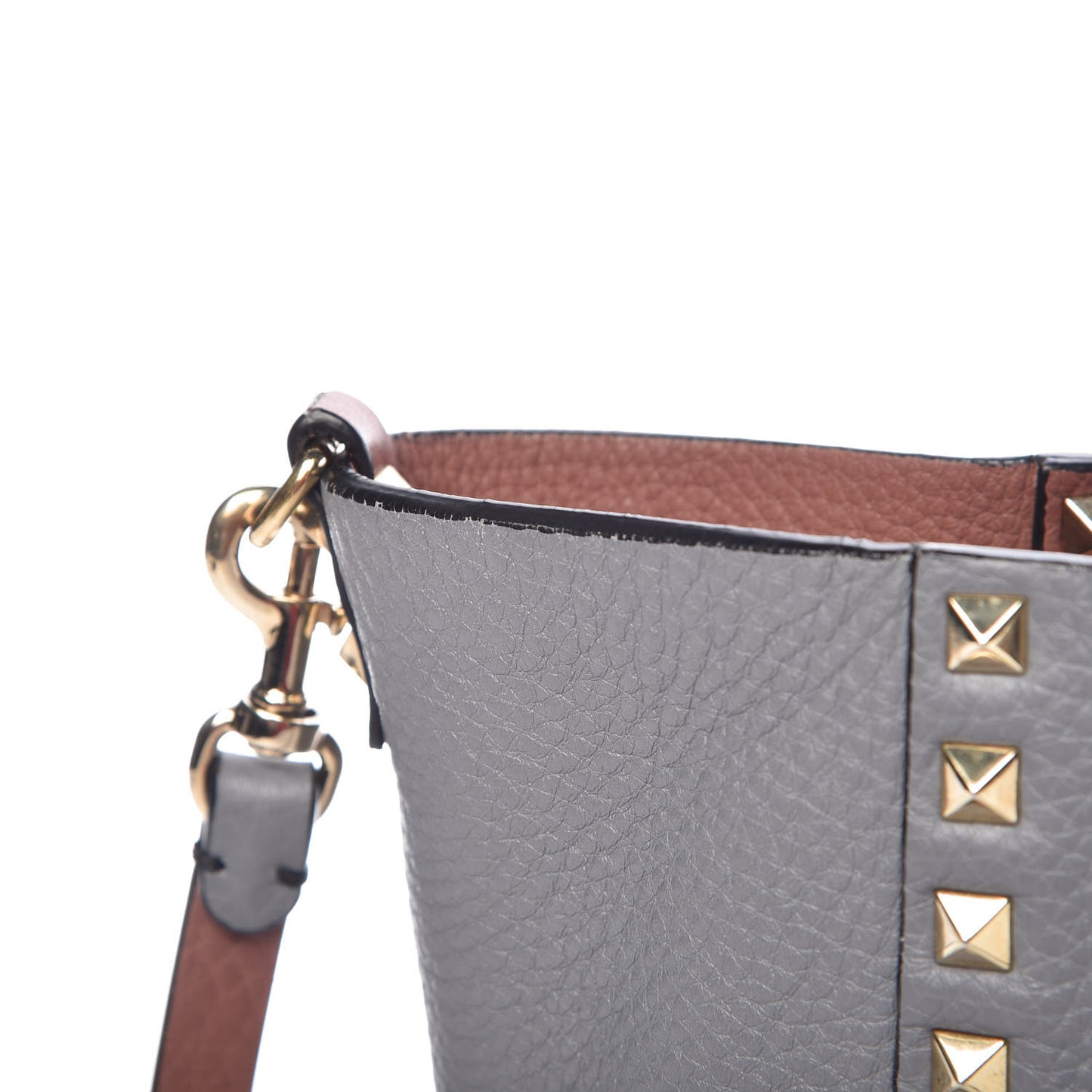 Grained Calfskin Small Rockstud Reversible Tote Grey Dark Rose