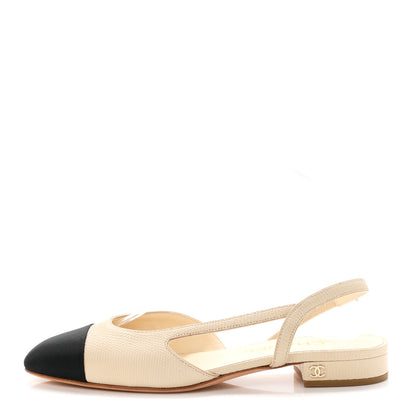 Chanel Lizard Grosgrain Cap Toe CC Slingback Flat 37.5 Ivory Black 1 of 9