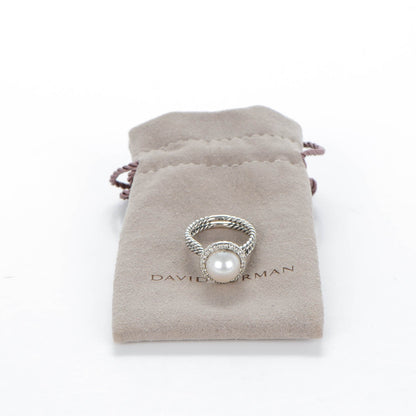 David Yurman Sterling Silver Pave Diamond Pearl 13.5mm Cable Ring 51.5 6 6 of 6