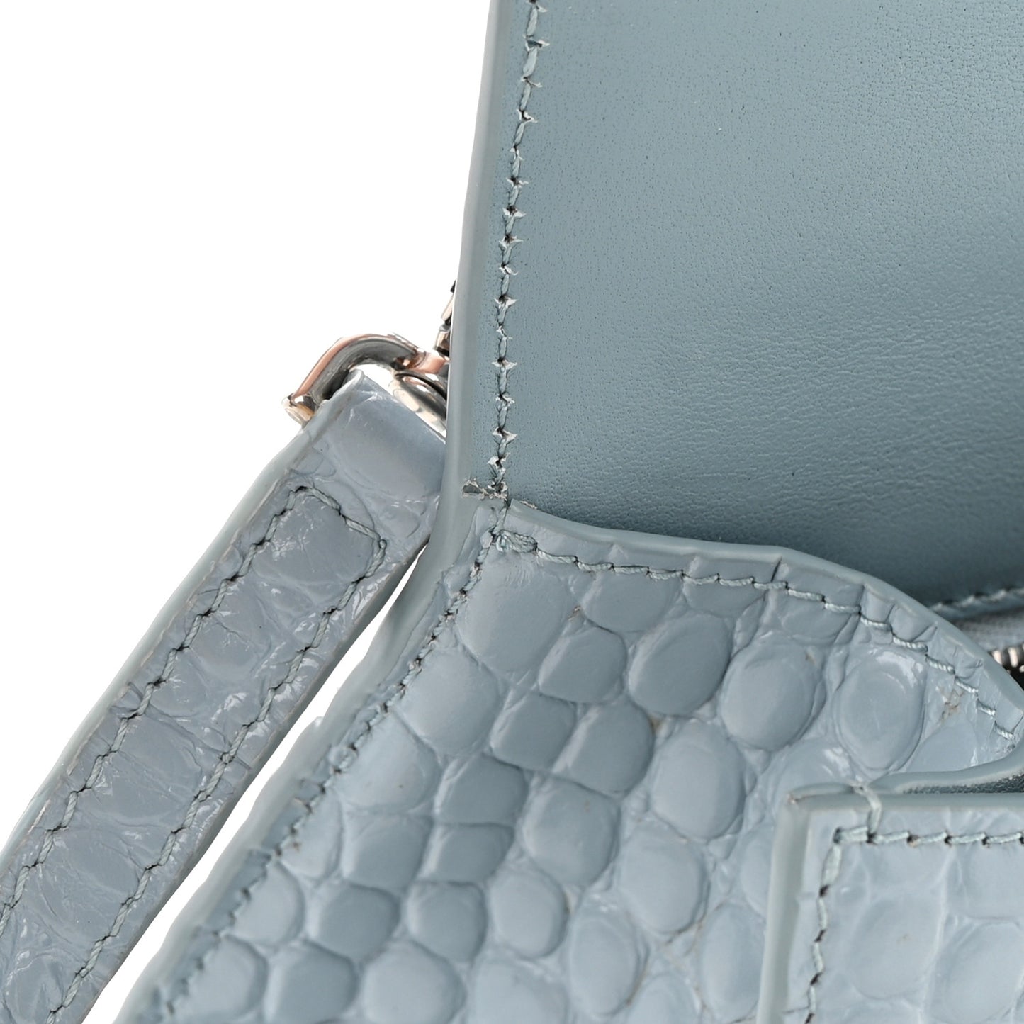 Shiny Calfskin Crocodile Embossed Small Hourglass Top Handle Bag Blue Grey