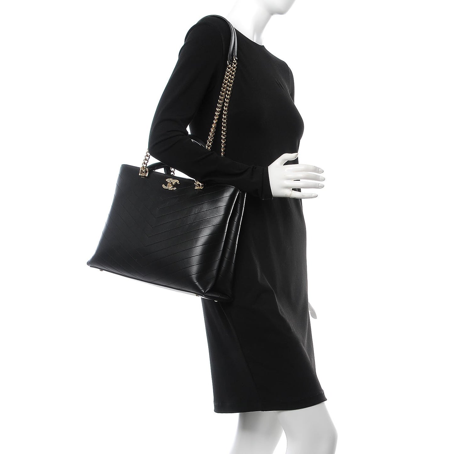 Calfskin Chevron Quilted Large Shopping Tote Black
