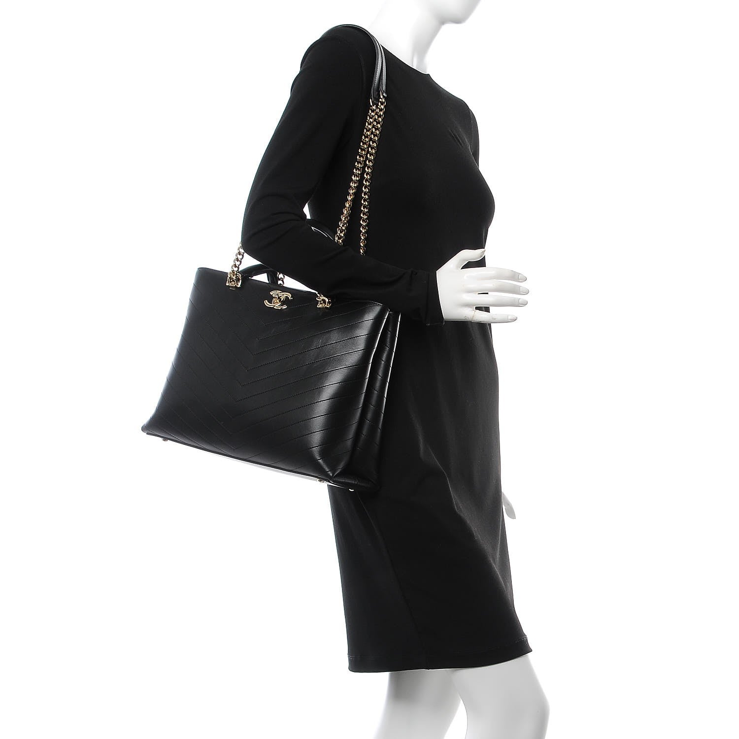 Chanel Calfskin Chevron Quilted Large Shopping Tote Black 2 of 9