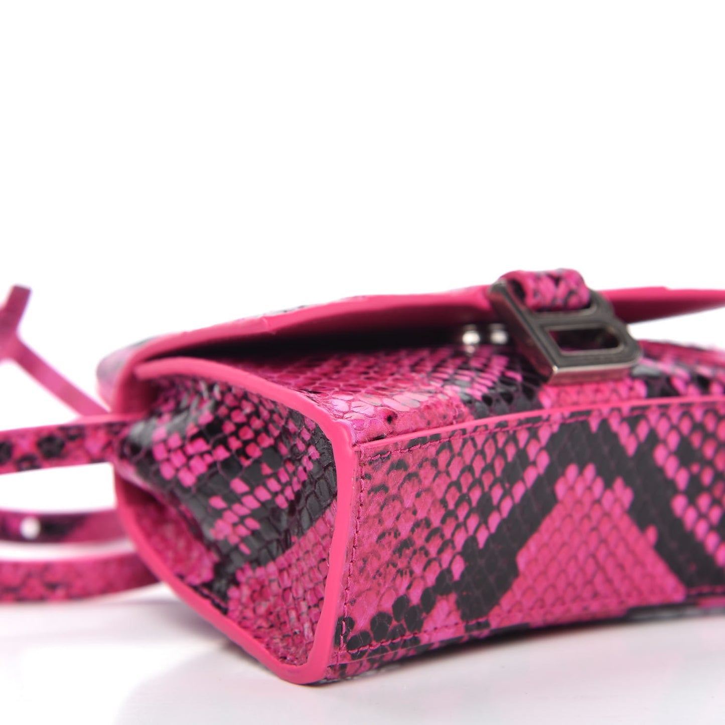 Shiny Calfskin Python Effect Hourglass Top Handle Bag Mini Fuchsia Black