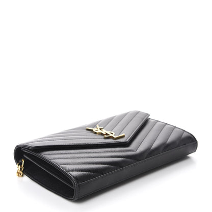 Saint Laurent Grain De Poudre Matelasse Chevron Monogram Chain Wallet Black 4 of 12