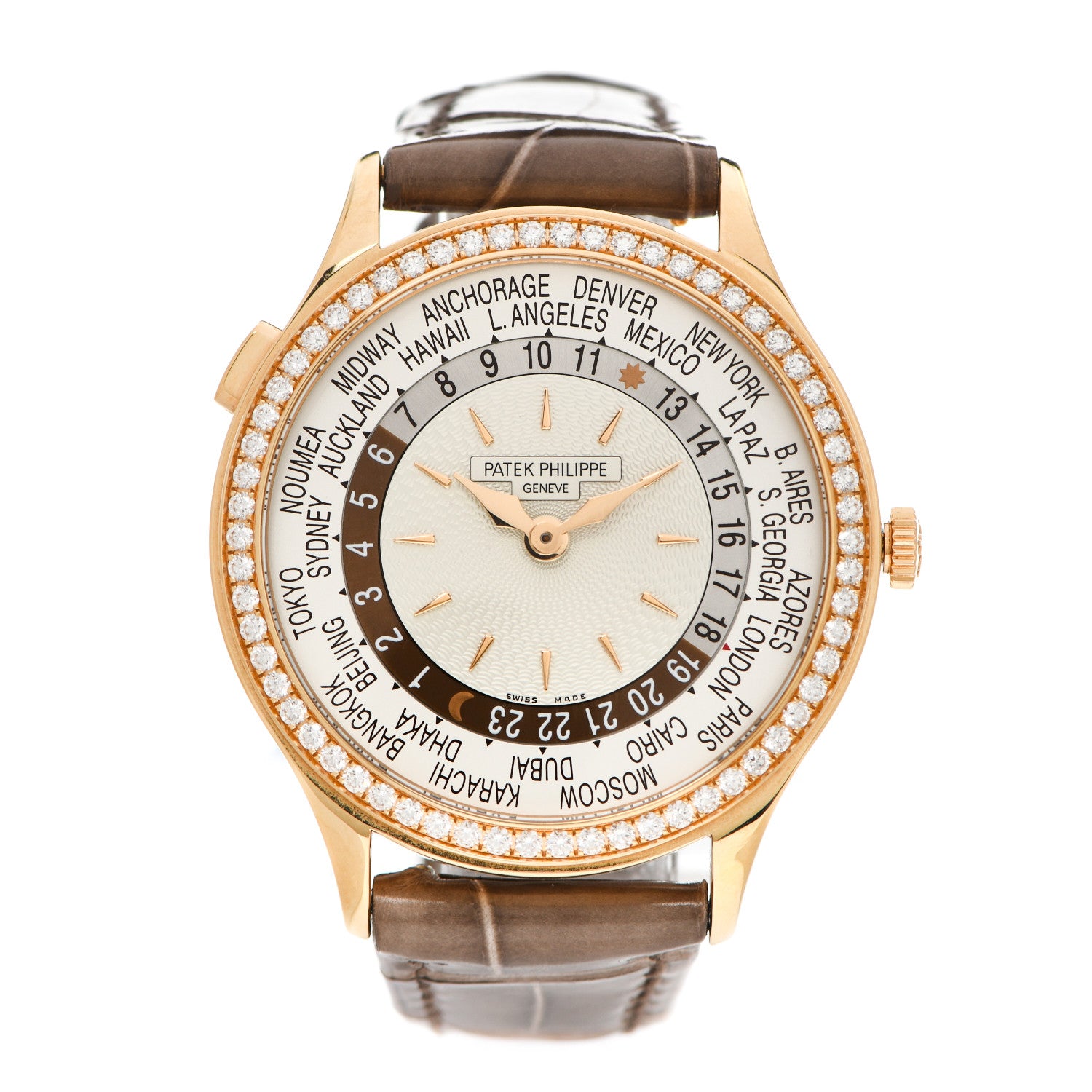 Patek Philippe 18K Rose Gold Alligator Diamond 36mm Complications World Time Automatic Watch 7130R-013 1 of 5