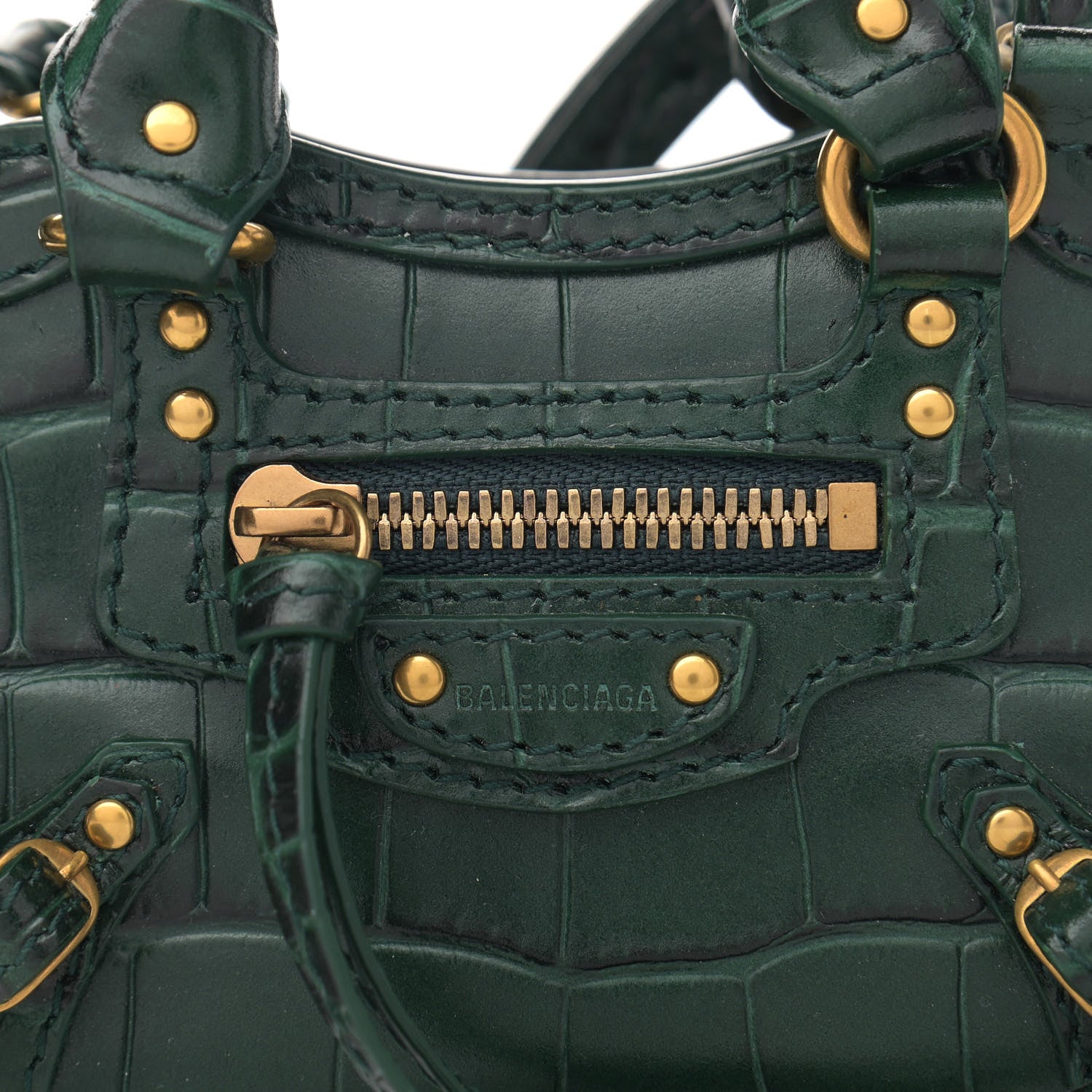 Balenciaga Shiny Supple Calfskin Crocodile Embossed Neo Classic Gold Hardware Super Nano City Crossbody Forest Green 9 of 11