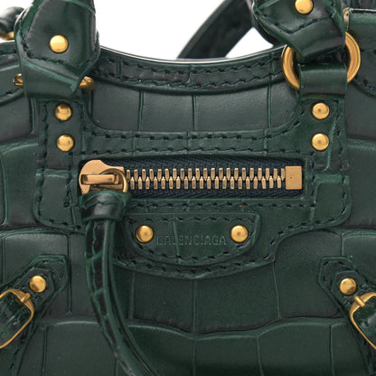 Balenciaga Shiny Supple Calfskin Crocodile Embossed Neo Classic Gold Hardware Super Nano City Crossbody Forest Green 9 of 11
