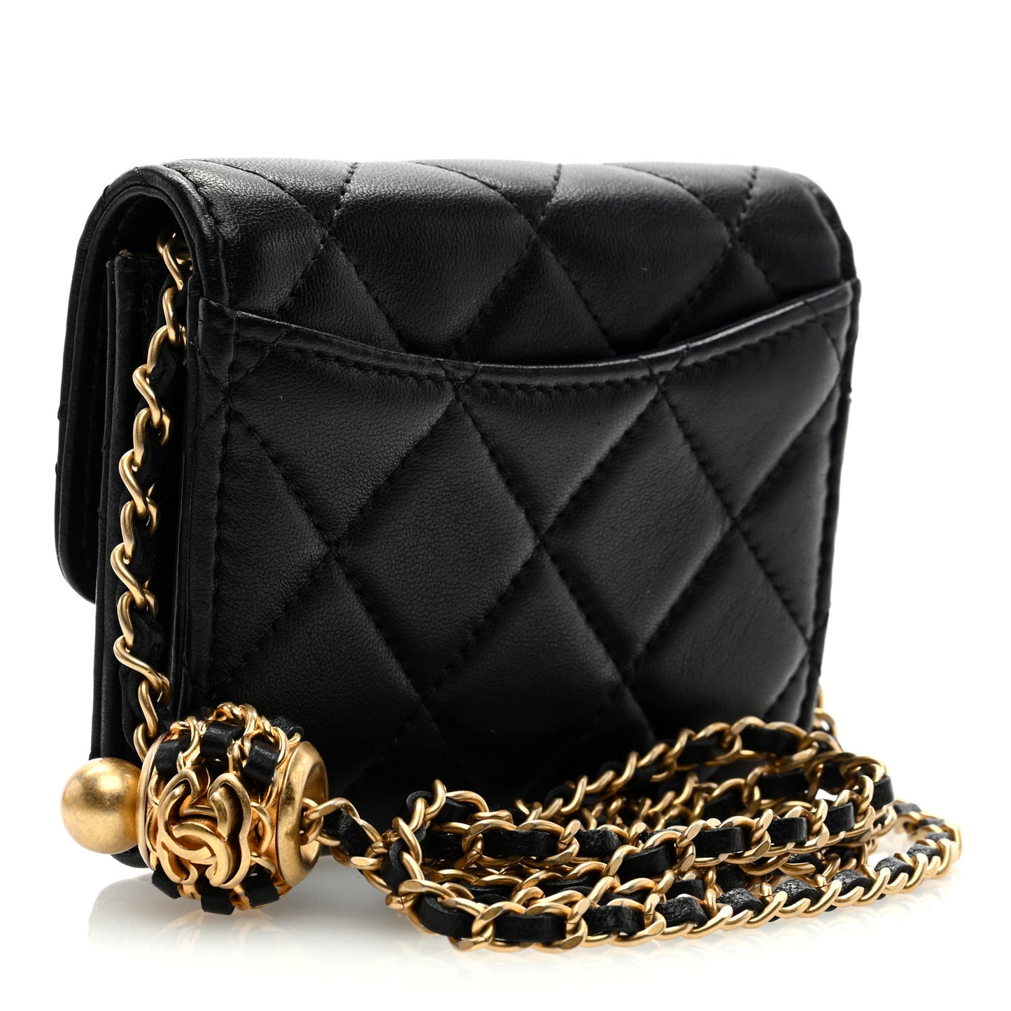 Lambskin Quilted Pearl Crush Card Holder With Chain Black