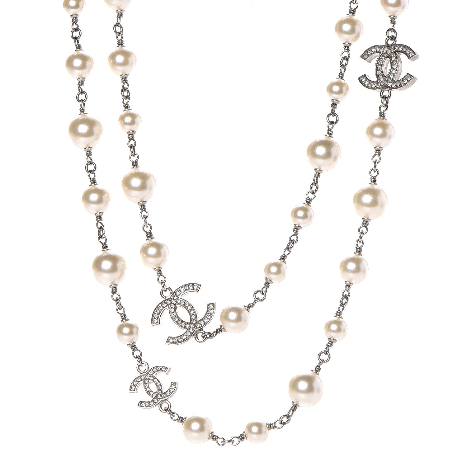 Chanel Crystal Pearl CC Long Necklace Silver 1 of 5
