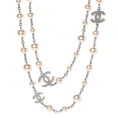 Chanel Crystal Pearl CC Long Necklace Silver 1 of 5