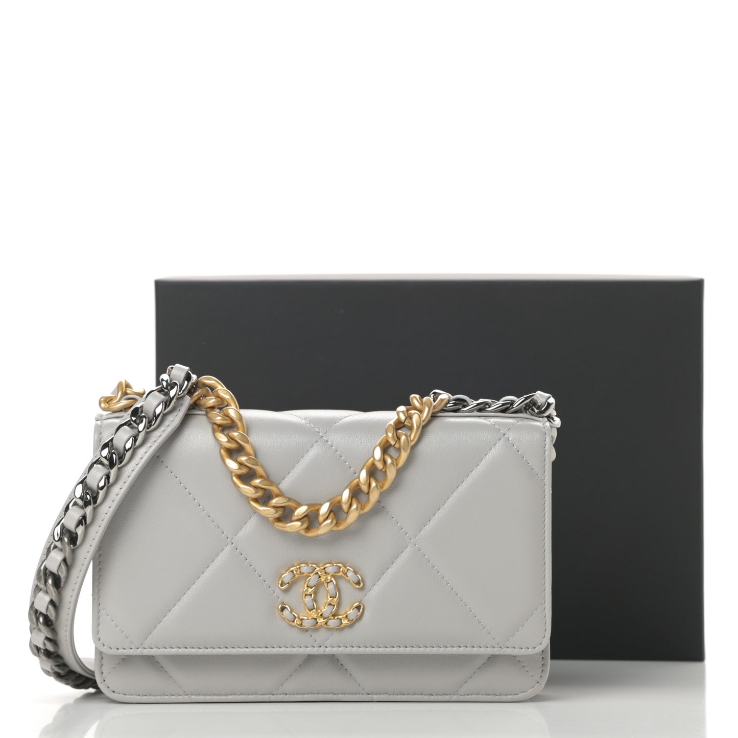 Lambskin Quilted Chanel 19 Wallet On Chain WOC Grey
