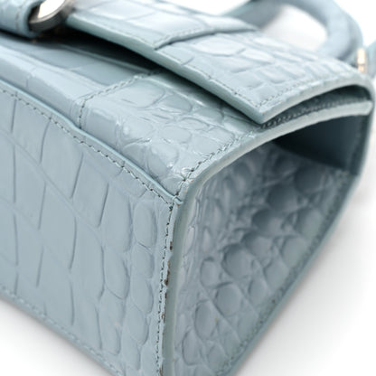 Balenciaga Shiny Calfskin Crocodile Embossed Hourglass Top Handle Bag XS Blue Grey 13 of 15