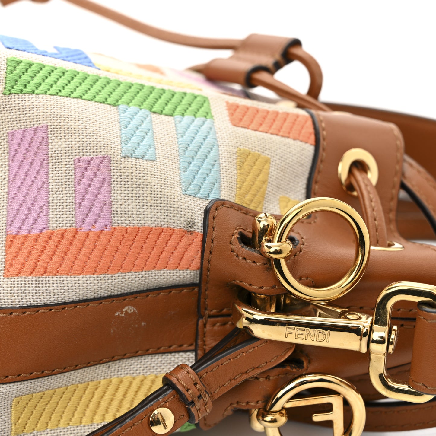 Kuban Canvas Vitello King F is Fendi FF Embroidered Mini Mon Tresor Bucket Bag Multicolor Cuoio