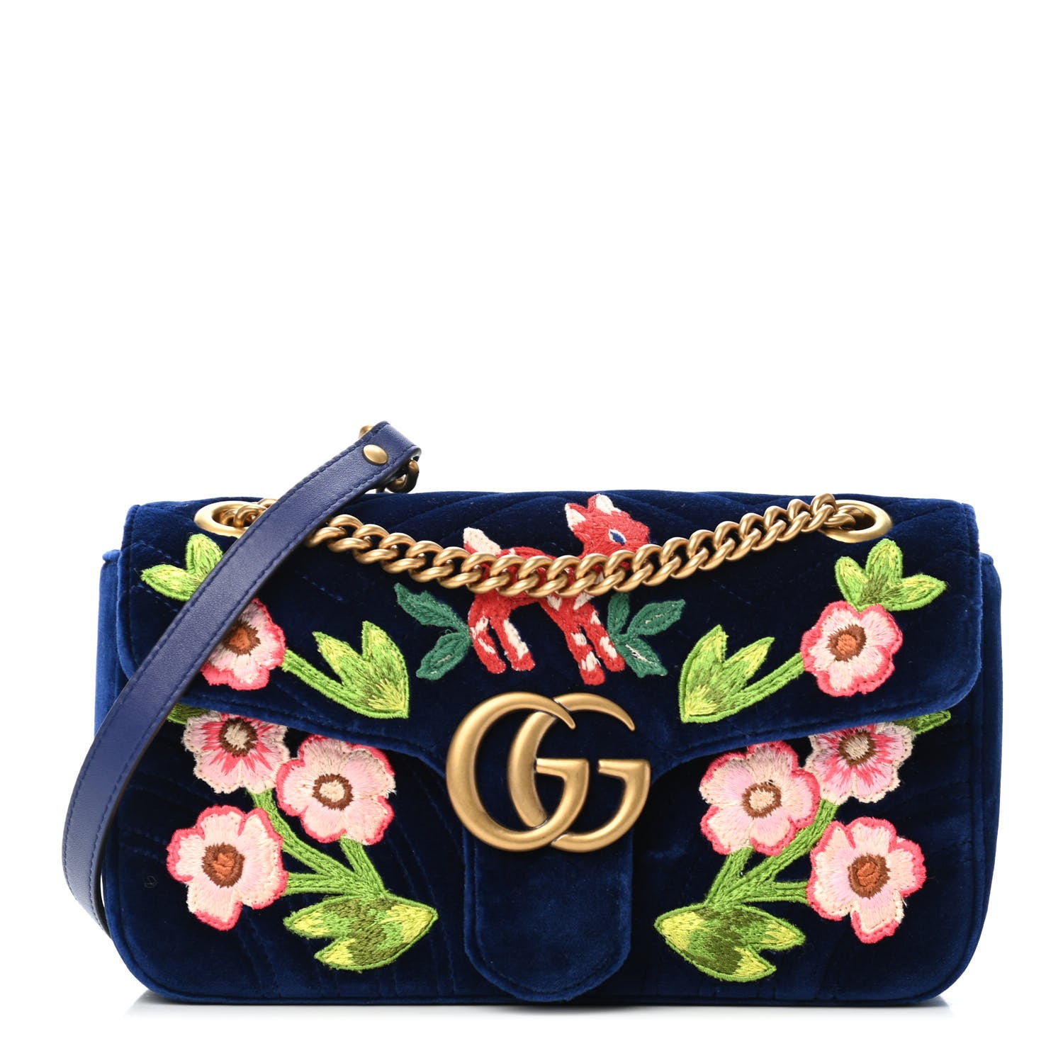 Gucci Velvet Matelasse Deer Embroidered Small GG Marmont Shoulder Bag Cobalt 1 of 8