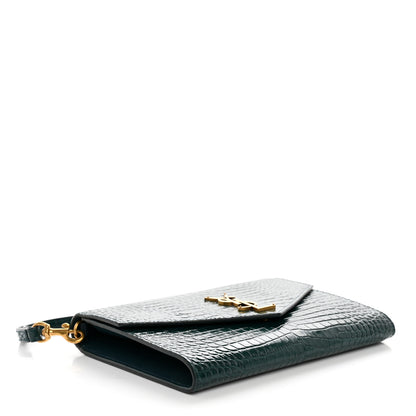 Saint Laurent Calfskin Crocodile Embossed Monogram Cassandre Flap Pouch Foliage Green 4 of 8