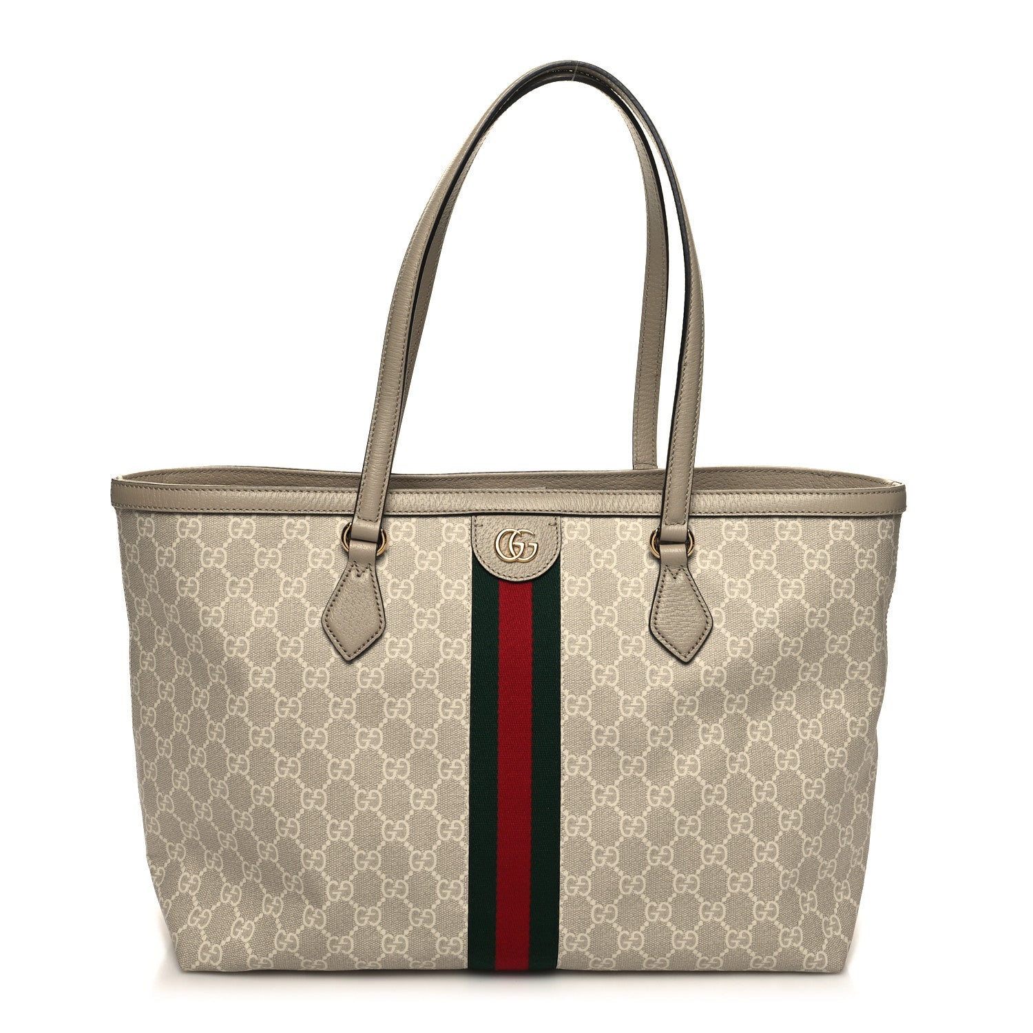 Gucci GG Supreme Monogram Textured Dollar Calfskin Web Medium Ophidia Shopping Tote Beige Mystic White Oatmeal 1 of 10