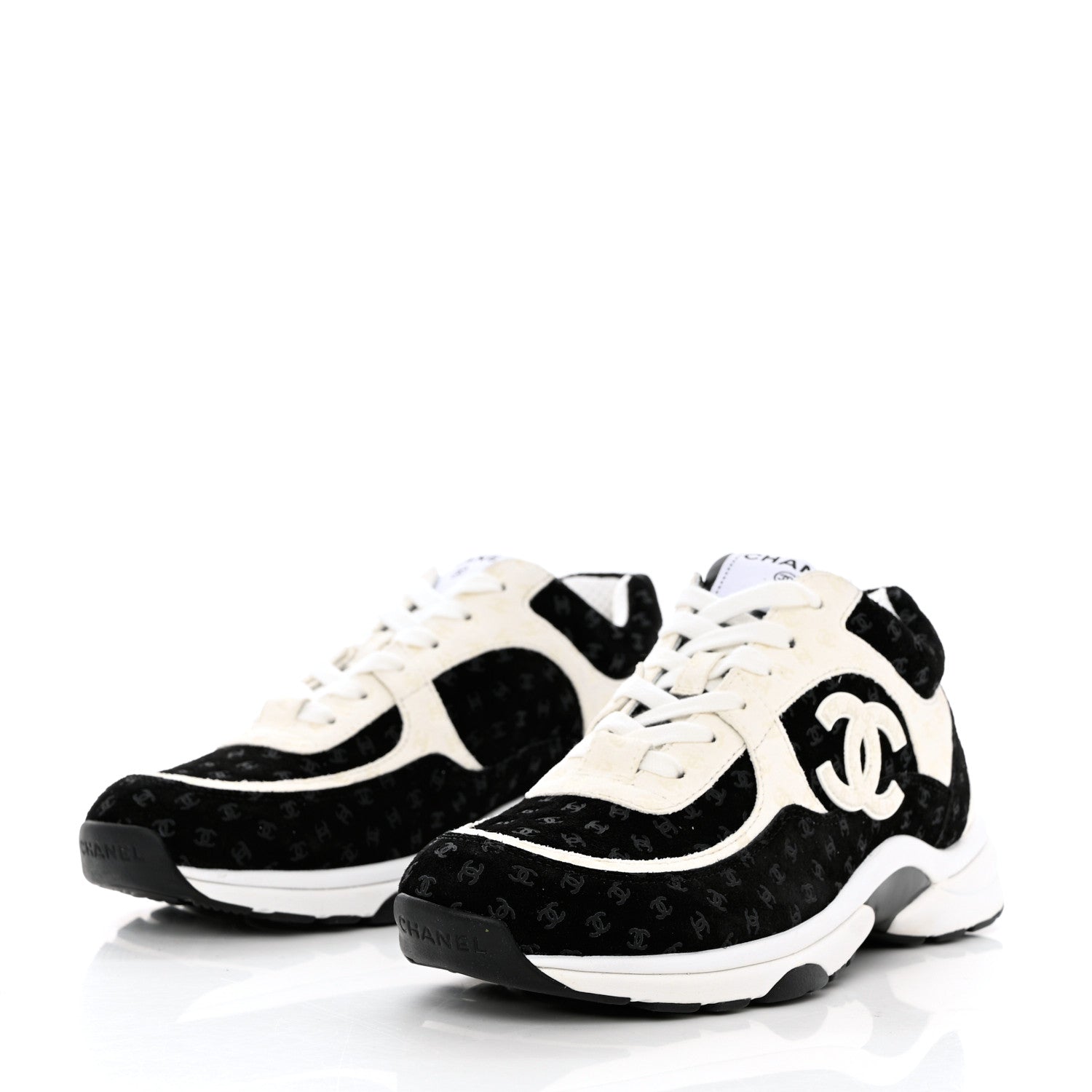 Chanel Suede Calfskin Printed CC Sneakers 36.5 Black White 3 of 9