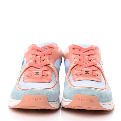 Chanel Nylon Lambskin Suede Calfskin CC Sneakers 40.5 Coral Light Blue White 2 of 9