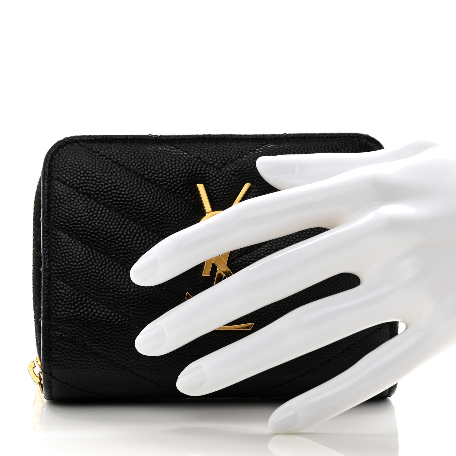 Saint Laurent Grain De Poudre Matelasse Chevron Monogram Compact Zip Around Wallet Black 2 of 11