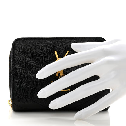 Saint Laurent Grain De Poudre Matelasse Chevron Monogram Compact Zip Around Wallet Black 2 of 11