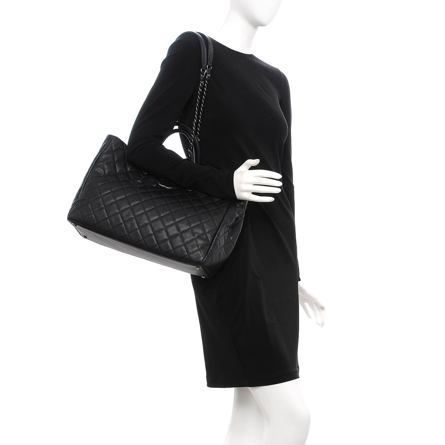 Caviar Quilted Large Coco Handle Shopping Tote Black