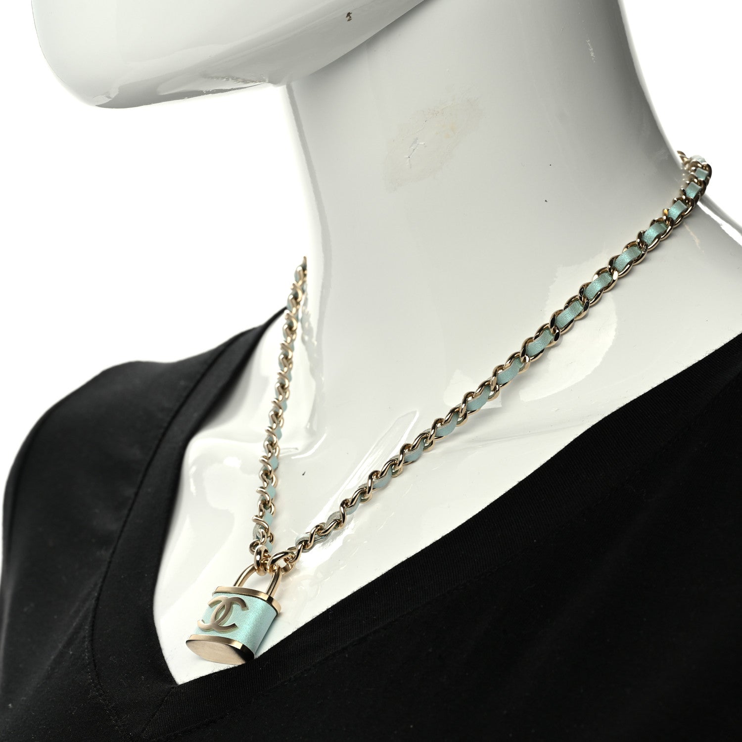 Chanel Metal Lambskin Lock Double Necklace Iridescent Blue 2 of 6