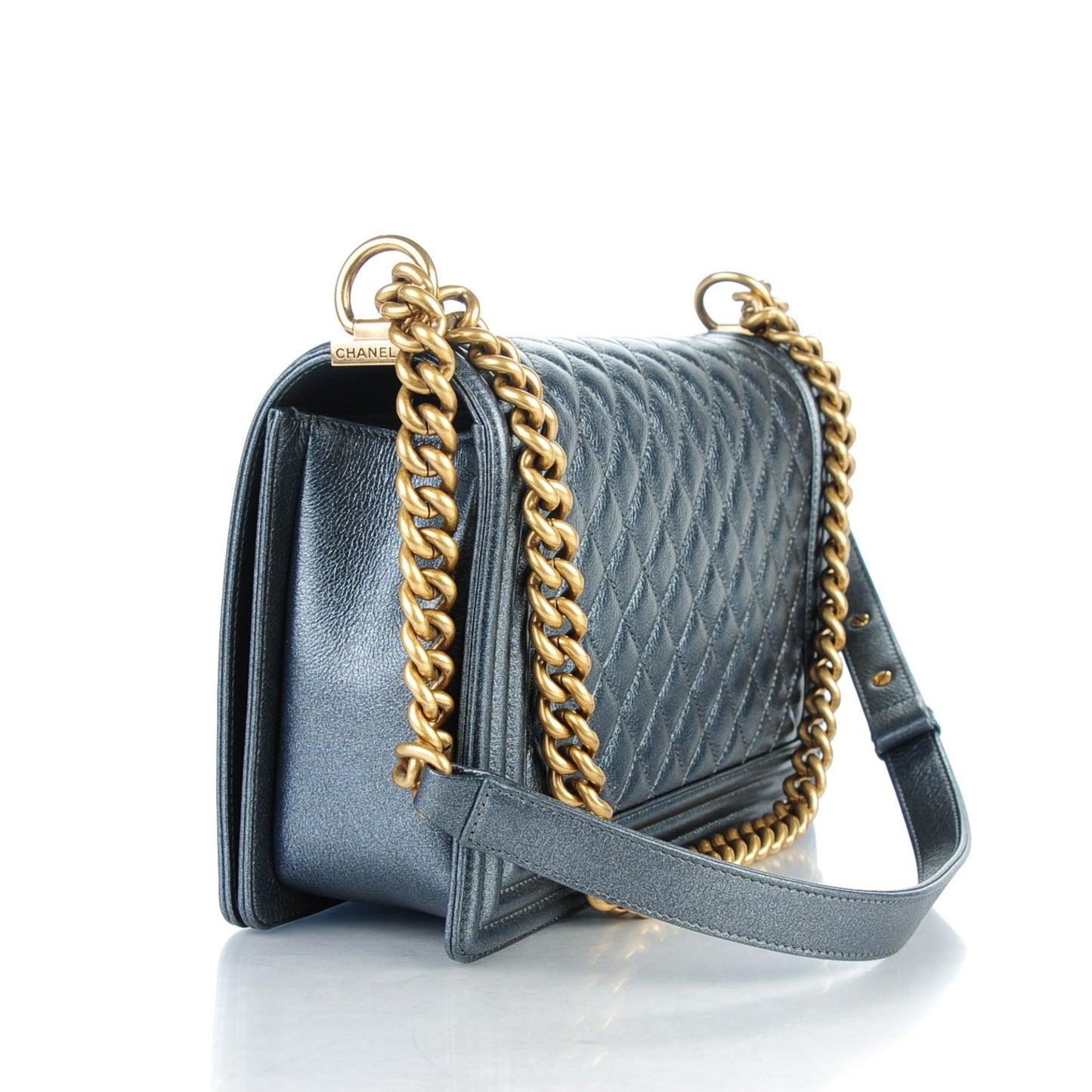Iridescent Calfskin Quilted New Medium Boy Flap Dark Grey