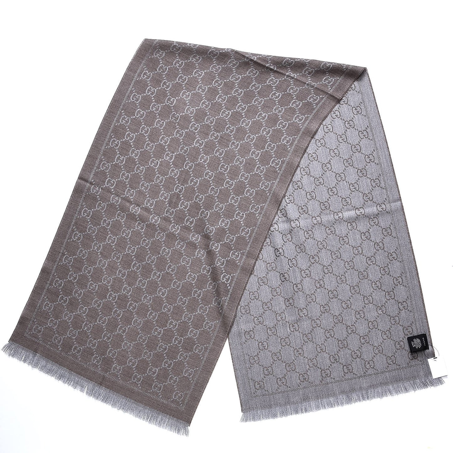 Wool Jacquard GG Monogram Sten Fringe Scarf Taupe Light Grey