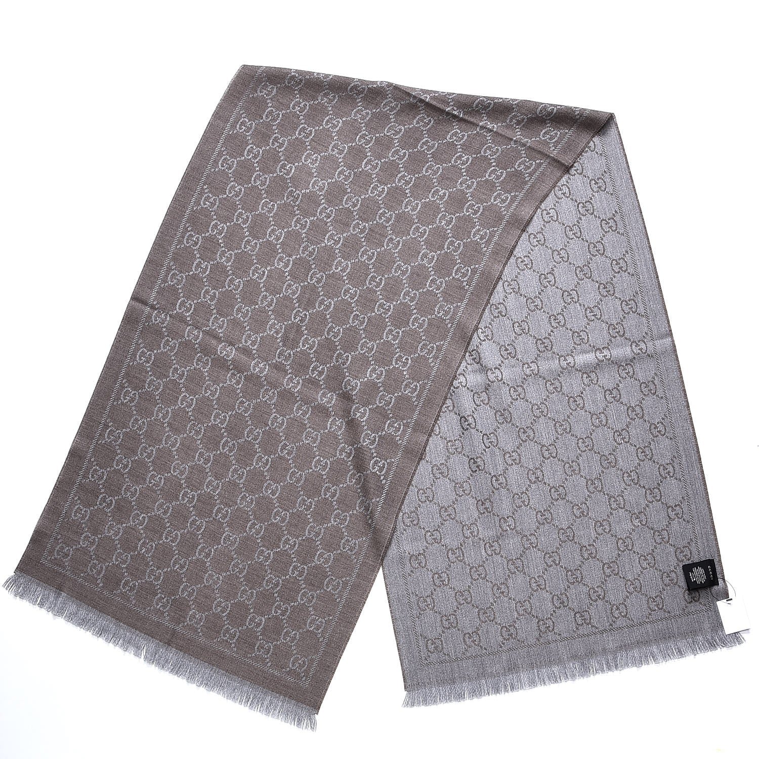 Gucci Wool Jacquard GG Monogram Sten Fringe Scarf Taupe Light Grey 3 of 5