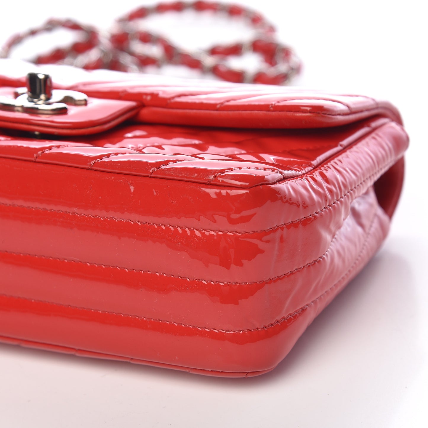 Patent Calfskin Chevron Quilted Mini Rectangular Flap Red