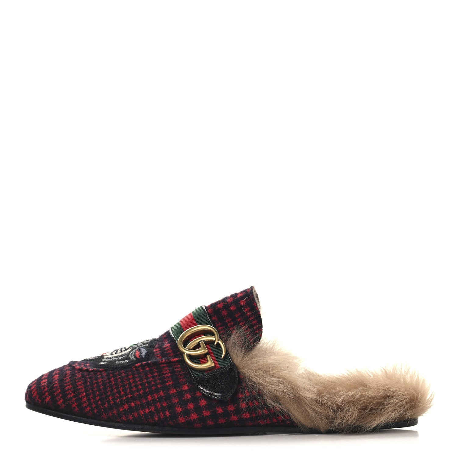 Gucci Tartan Fur Embroidered Mens Princetown Slippers 8 Red 1 of 8