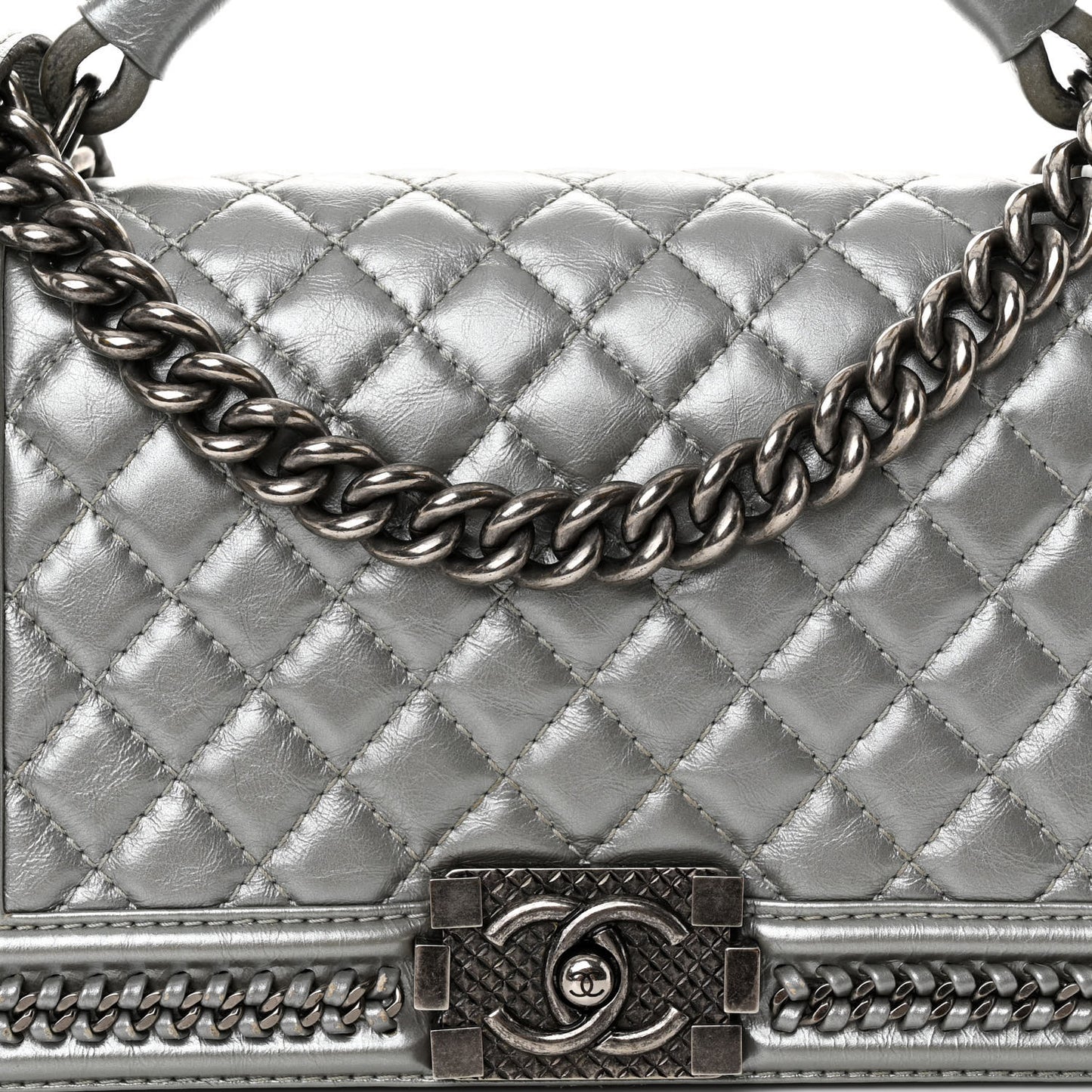 Metallic Aged Calfskin Quilted Medium Top Handle Boy Flap Silver
