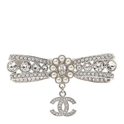 Chanel Metal Pearl Crystal CC Bow Brooch Silver 1 of 4