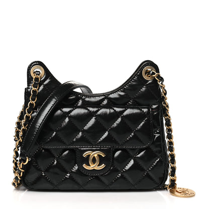 Chanel Shiny Crumpled Calfskin Quilted Small Wavy CC Hobo Black 1 of 10
