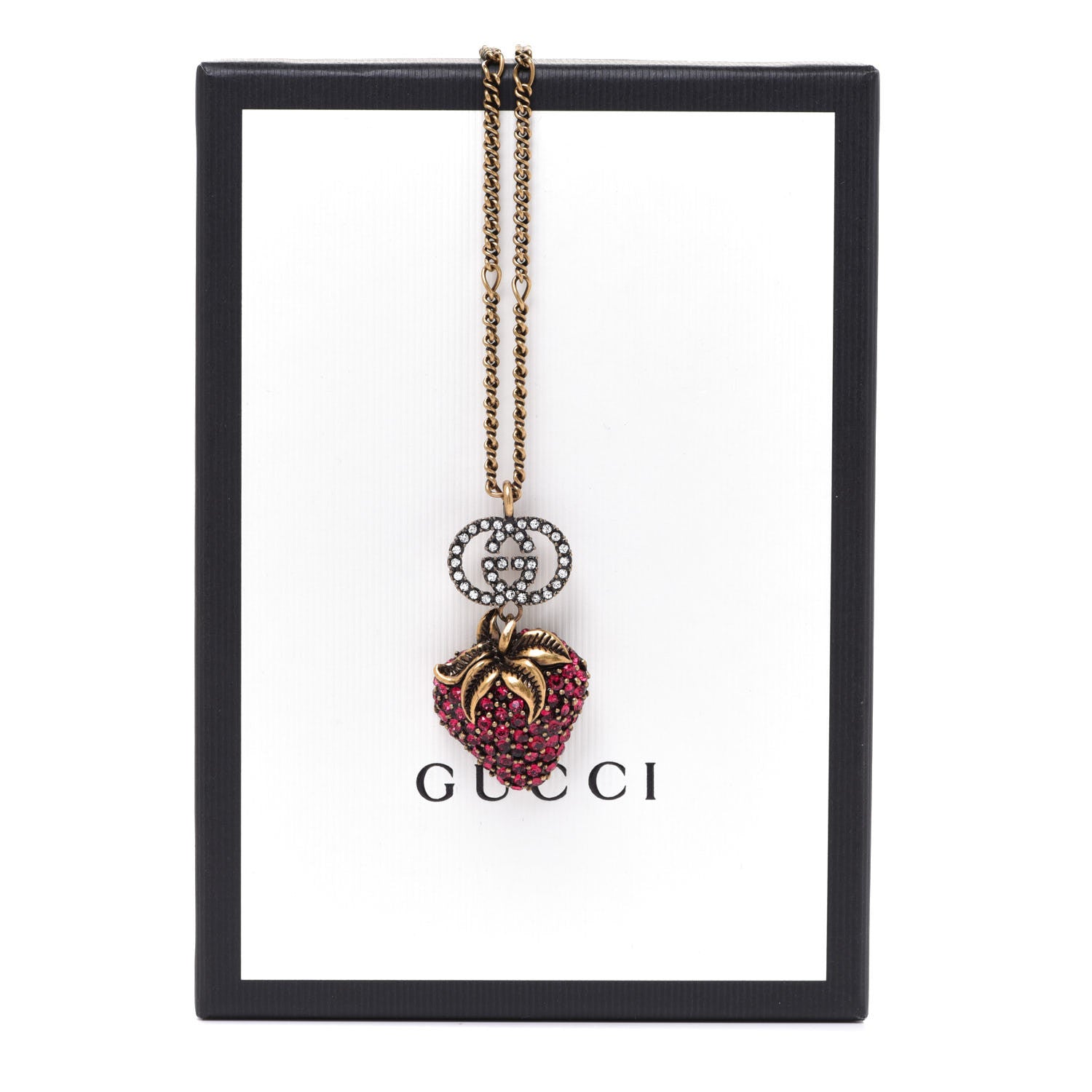 Gucci Crystal Embellished Strawberry Necklace Red Aged Gold 6 of 6